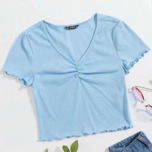 SHEIN Women’s Short-Sleeve V-Neck Crop Rib-Knit Pleated Shirt Top - blue, size M